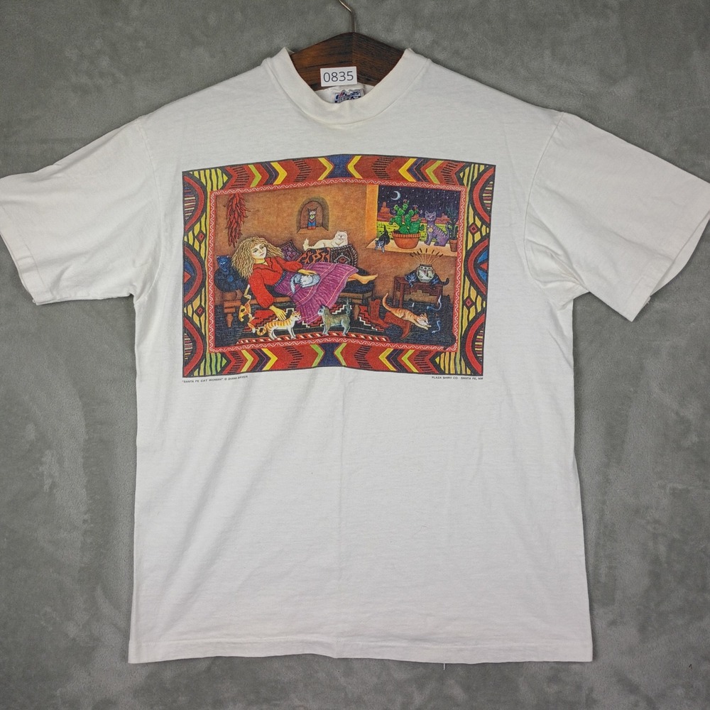 Hanes T-Shirt Mens L White Santa Fe Cat Woman Diana Bryer Art 90s Vintage Boho